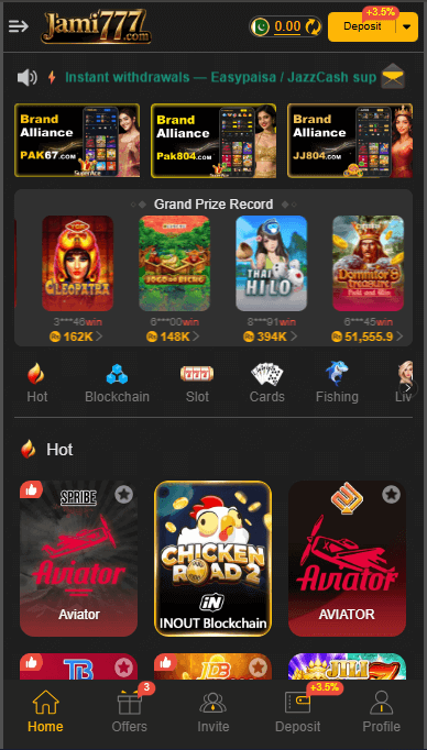 Jami777 game user interface showing the home menu and navigation options