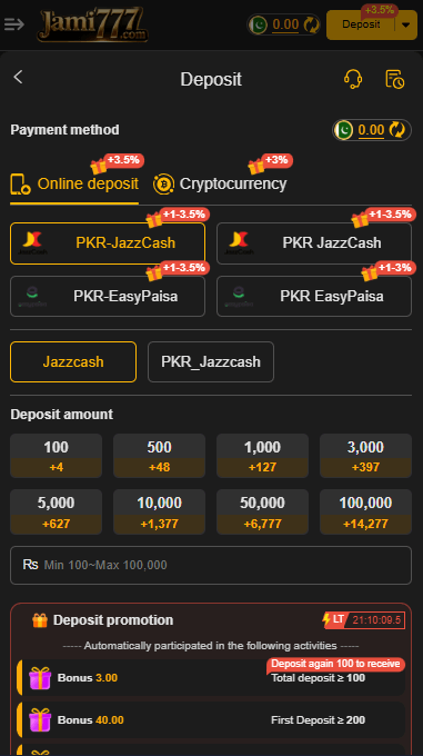 Jami777 game user interface showing the deposit options