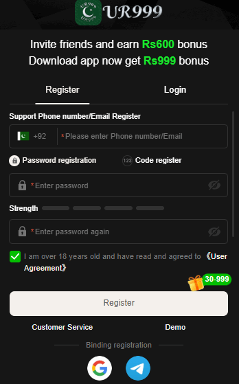 Registration interface of UR999 Game where players enter details to create an account