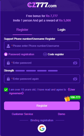 CZ777 Game registration page featuring signup form, user details fields, and secure account creation interface.