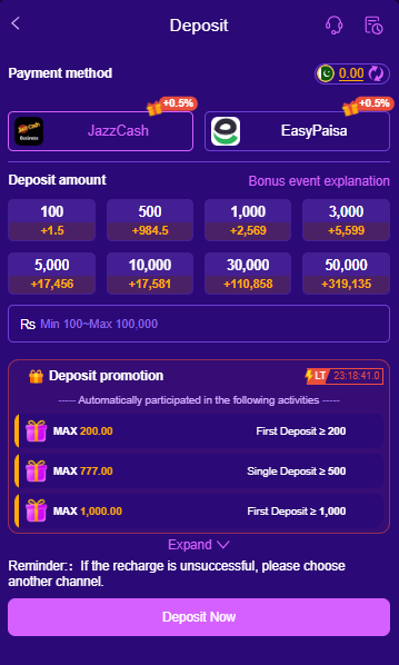 CZ777 Game deposit screen showing secure payment options, balance top-up interface, and user-friendly transaction layout.