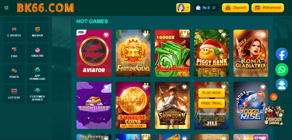 BK66 Game hot games page displaying multiple game tiles with colorful previews and icons.