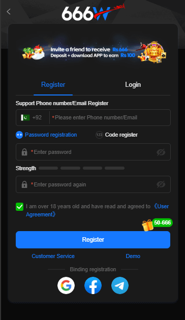 User registration interface of the 666W Game app showing how new players create an account.